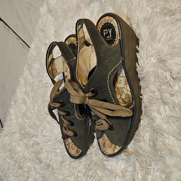 FLY London Black Slingback Wedge Sandals Lace Up Peep Toe Casual Shoes Size 41‎ - Picture 6 of 11